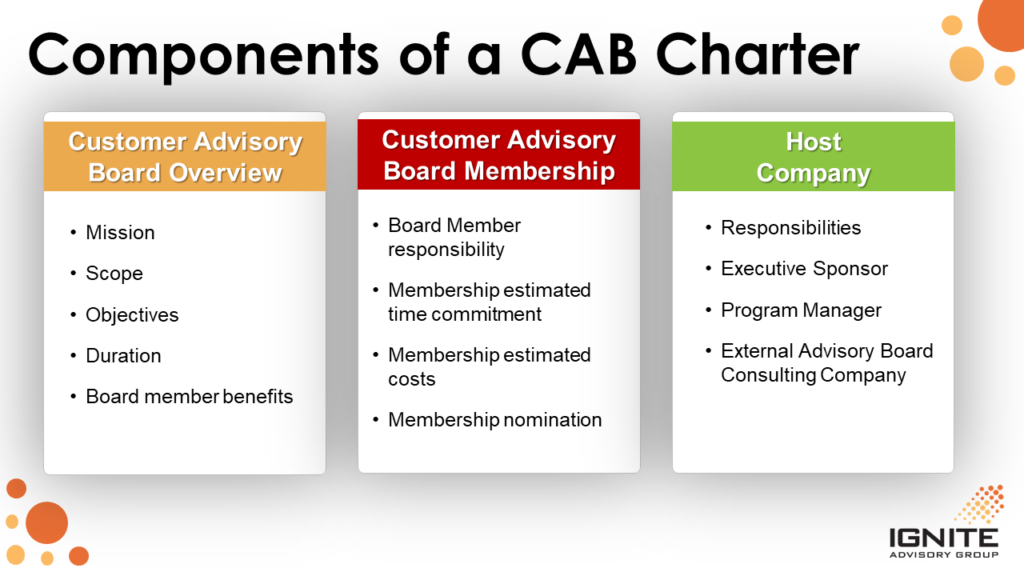 How to create a Customer Advisory Board charter. Charter components to include.